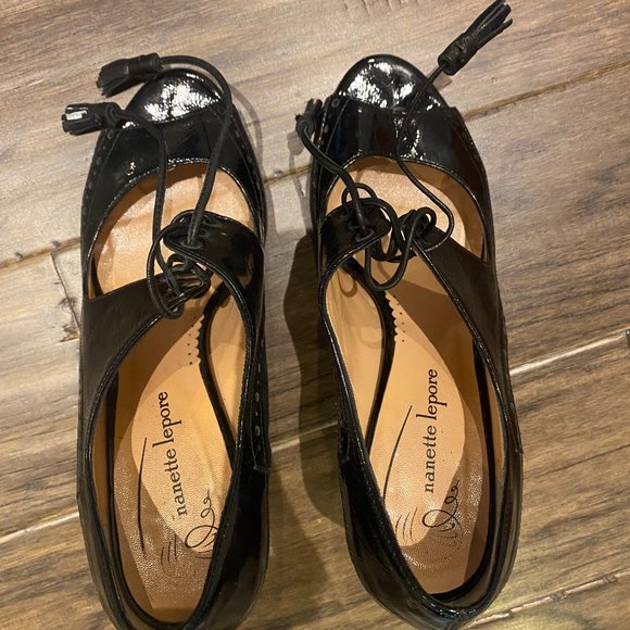 Nanette Lepore Black Mixed Suede and Patent-Leather Peep-Toe Lace-Up Pumps - Picture 1 of 5